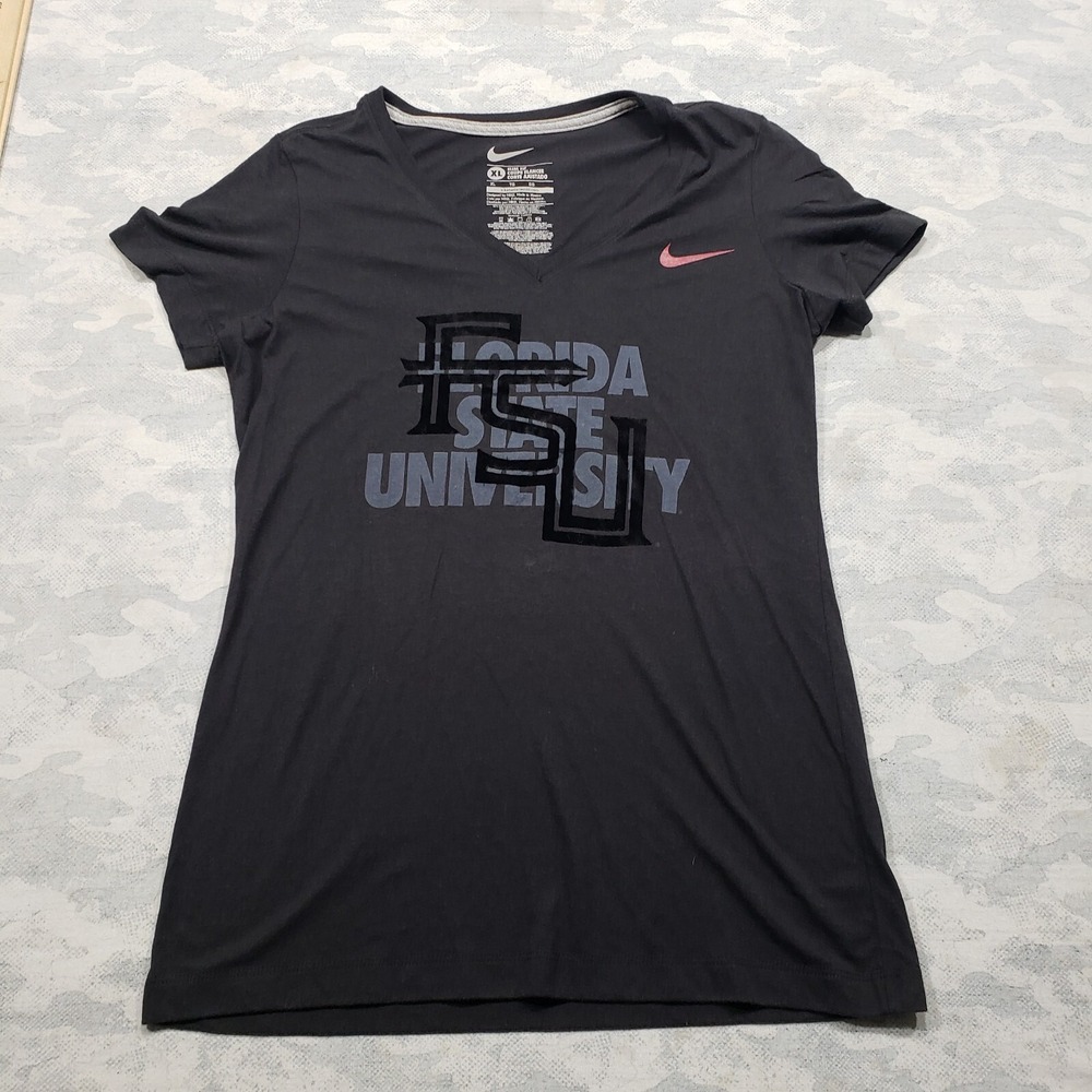 Florida State University Top Womens XL Black Nike V Neck Slim Short Sleeve
